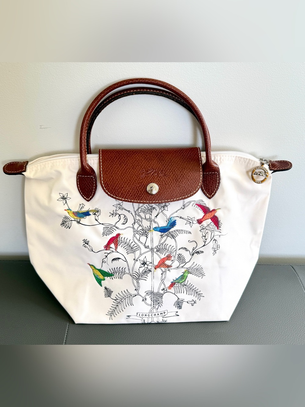 New Longchamp white Le Pliage hand tote bag embroiderd birds Tree of Life France